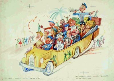 bozzetto Gita turistica di Nilo Lenci, Giulio Palmerini, Renato Santini - Carri grandi - Carnevale di Viareggio 1955