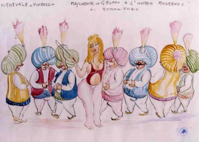bozzetto Il padrone del vapore di Fabio Romani - Mascherate di Gruppo - Carnevale di Viareggio 1974