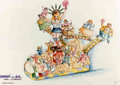 bozzetto Gioventù made in USA di Roberto Patalano e Mario Vannucchi - Carri piccoli - Carnevale di Viareggio 1984