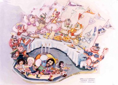 bozzetto Piangerò domani di Arnaldo e Giorgio Galli - Carri grandi - Carnevale di Viareggio 1985