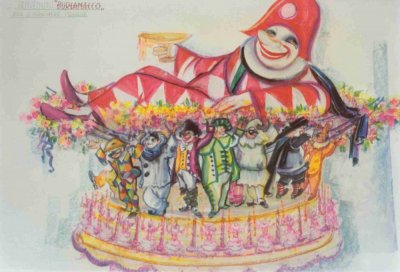 bozzetto Benvenuto Burlamacco tra le maschere di Sergio Baroni e Renato Verlanti - Carri grandi - Carnevale di Viareggio 1989