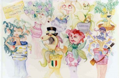bozzetto Chi semina, raccoglie di Marzia Etna - Mascherate di Gruppo - Carnevale di Viareggio 1991