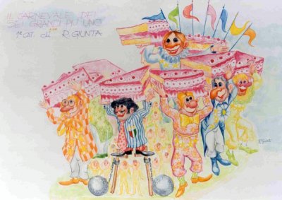 bozzetto Il carnevale dei sei grandi più uno di Raffaello Giunta - Carri grandi - Carnevale di Viareggio 1992